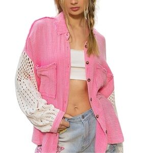 Women's Bubblegum Pink Oversized Button DownSweater Sleeve Gauze Shirt worn once